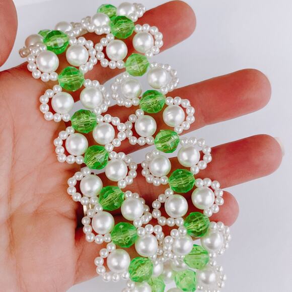 VTG Green Beaded Choker Necklace Faux Pearl Gold Tone Adjustable Y2K 2000s - Picture 6 of 12